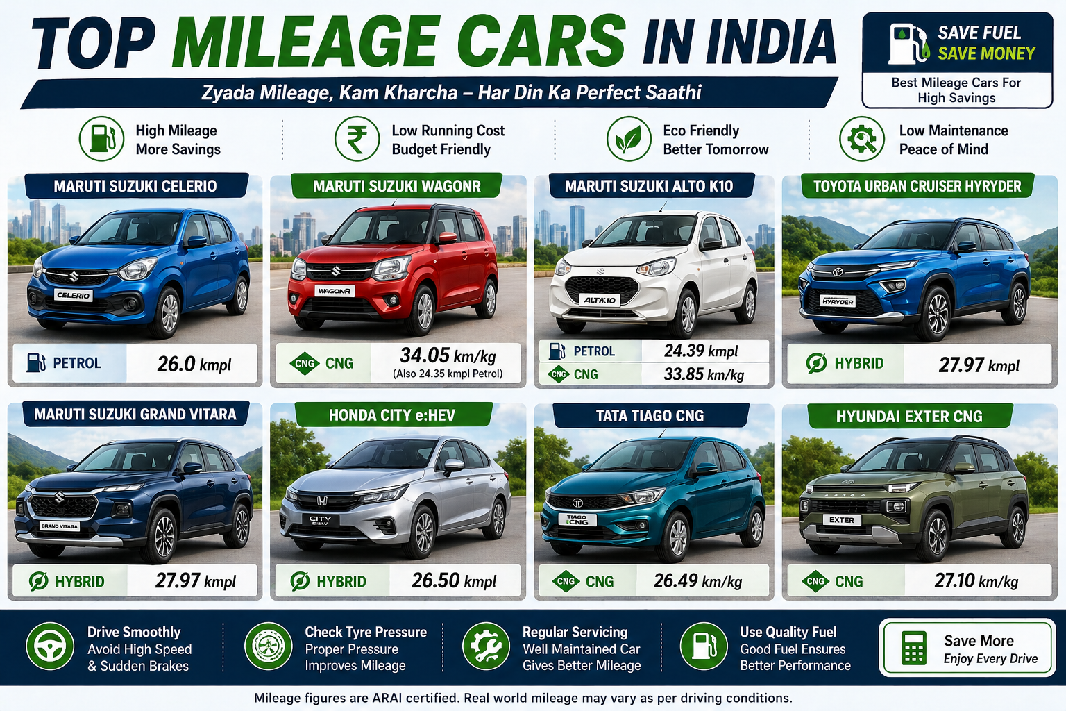 Top Mileage Cars in India भारत में सबसे ज्यादा माइलेज देने वाली कारें